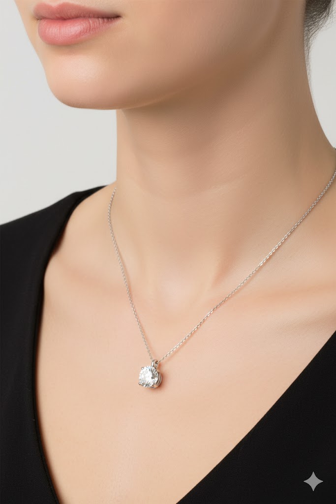 Nahaufnahme des zarten Colliers „Starlight“ aus 585er Weißgold, getragen am Hals, wobei der 5 mm Zirkonia-Anhänger dezent auf der Haut ruht.