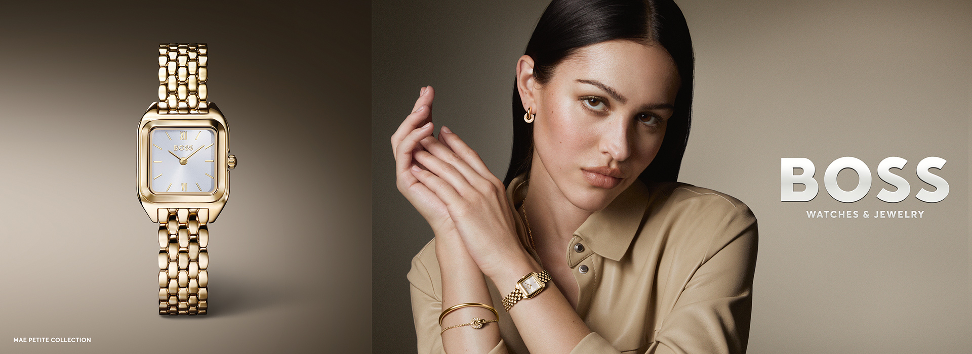 BOSS Watches & Jewelry Kampagne: Goldfarbene Damenuhr und Armreif, präsentiert auf einem gold-braunen Hintergrund.
