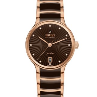 Rado Damenuhr Automatic Jubilé in Roségold und brauner High-Tech-Keramik mit Diamant-Indexen.